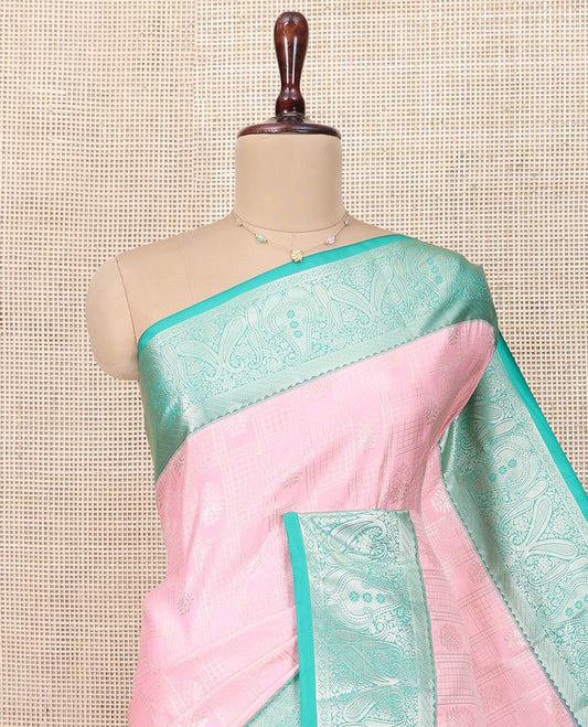 Pink Budget Silk Saree, Embellished with Jacquard Design All Over Its Body, Complemented by a Contrast Traditional Zari Design Border, Intricately Designed Pallu, and Paired with a Contrast Blouse