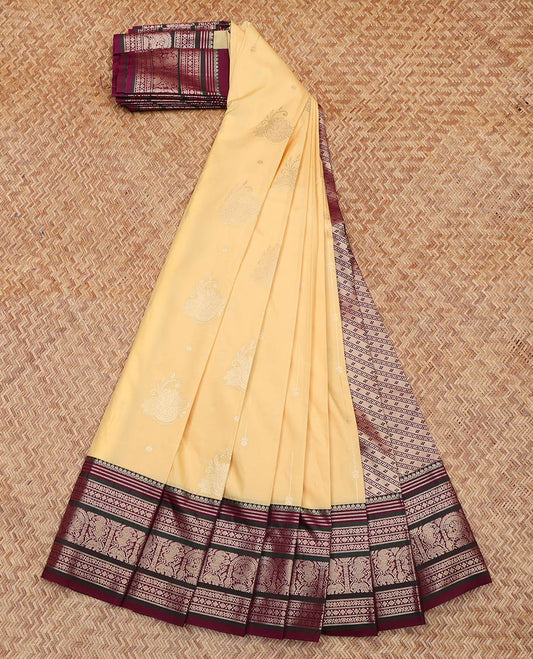 Yellow Budget Silk Saree, Subtly Sparkled With Zari Buttas All Over Its Body, Complemented by Contrast Traditional Zari Designs Woven Border, Grand Pallu and Paired with a Contrast Blouse