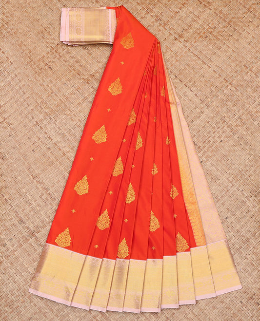 Orange Budget Silk Saree, Mesmerized with Zari Buttas All Across Its Body, Complemented by a Captivating Contrast Traditional Zari Design Border, Pallu of Intricate Designs, and Paired with a Contrast Blouse