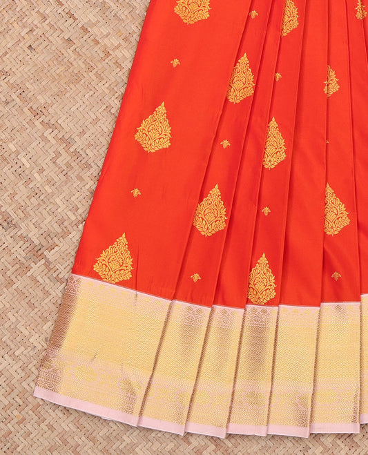 Orange Budget Silk Saree, Mesmerized with Zari Buttas All Across Its Body, Complemented by a Captivating Contrast Traditional Zari Design Border, Pallu of Intricate Designs, and Paired with a Contrast Blouse