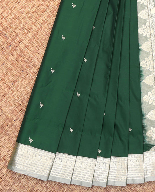 Green Budget Silk Saree, Woven with Zari Buttas All Over Its Body, Complemented by a Contrast Traditional Zari Design Border, Mughal-Style Floral Designs Pallu, and Paired with a Contrast Blouse