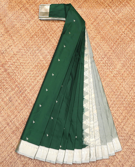 Green Budget Silk Saree, Woven with Zari Buttas All Over Its Body, Complemented by a Contrast Traditional Zari Design Border, Mughal-Style Floral Designs Pallu, and Paired with a Contrast Blouse