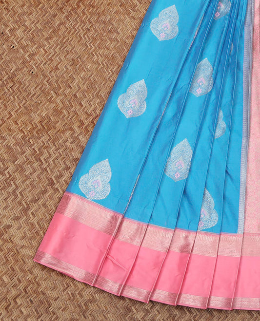 Blue Budget Silk Saree, Subtly Sparkled With Zari Buttas All Over Its Body, Complemented by Contrast Traditional Zari Designs Woven Rettai Pettu Border, Grand Pallu and Paired with a Contrast Blouse