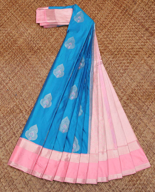 Blue Budget Silk Saree, Subtly Sparkled With Zari Buttas All Over Its Body, Complemented by Contrast Traditional Zari Designs Woven Rettai Pettu Border, Grand Pallu and Paired with a Contrast Blouse