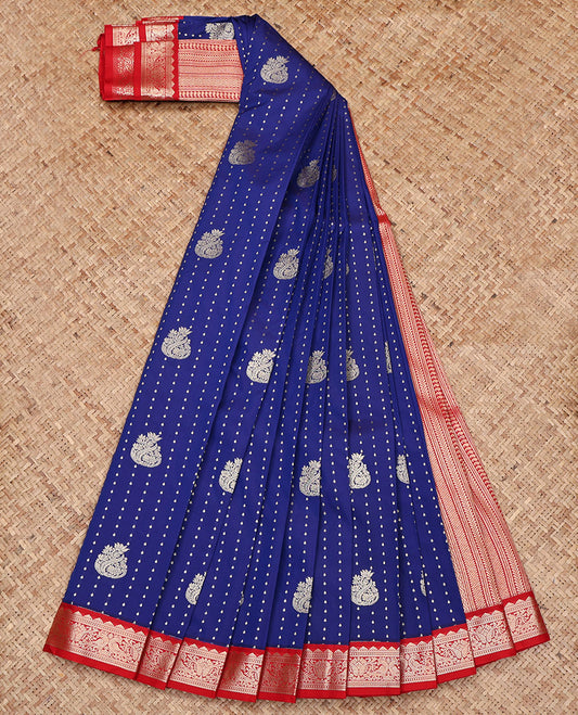 Royal Blue Budget Silk Saree, Woven with Zari Buttas All Over Its Body, Complemented by a Contrast Traditional Zari Design Border, Grand Geometric-Patterned Pallu, and Paired with a Contrast Blouse
