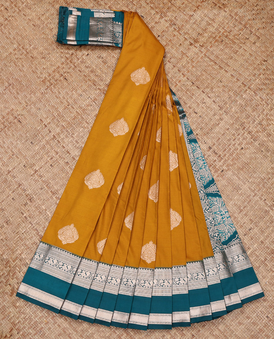 Yellow Budget Silk Saree, Adorned with Zari Buttas All Over Its Body, Complemented by a Contrast Traditional Zari Design Rettai Pettu Border, Grandly Decked Up Pallu, and Paired with a Contrast Blouse