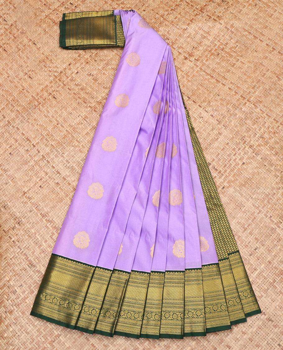 Lavender Budget Silk Saree, Detailed with Zari Buttas on Its Body, Complemented by a Contrast Traditional Zari Design Border, Pallu of Jaal Design, and Paired with a Contrast Blouse