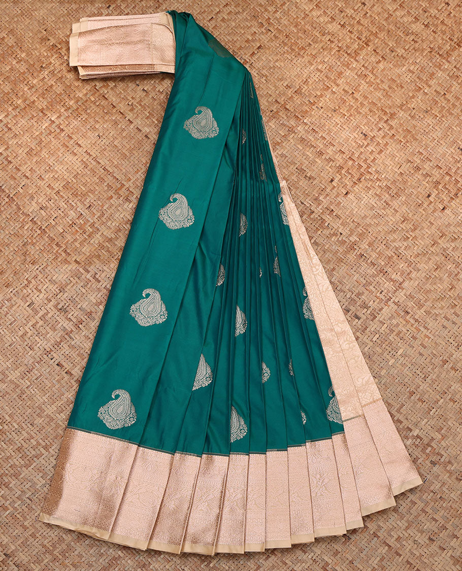 Peacock Green Budget Silk Saree, Graced with Zari Buttas, Complemented by a Contrast Traditional Zari  Border, Grand Pallu, and a Contrast Blouse