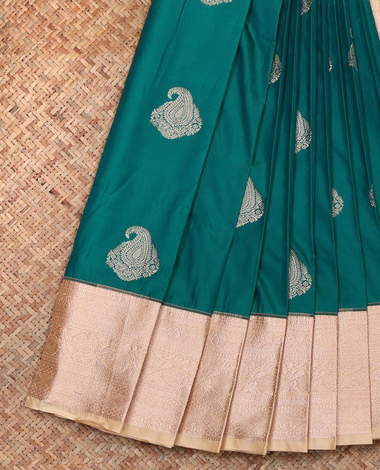 Peacock Green Budget Silk Saree, Graced with Zari Buttas, Complemented by a Contrast Traditional Zari  Border, Grand Pallu, and a Contrast Blouse