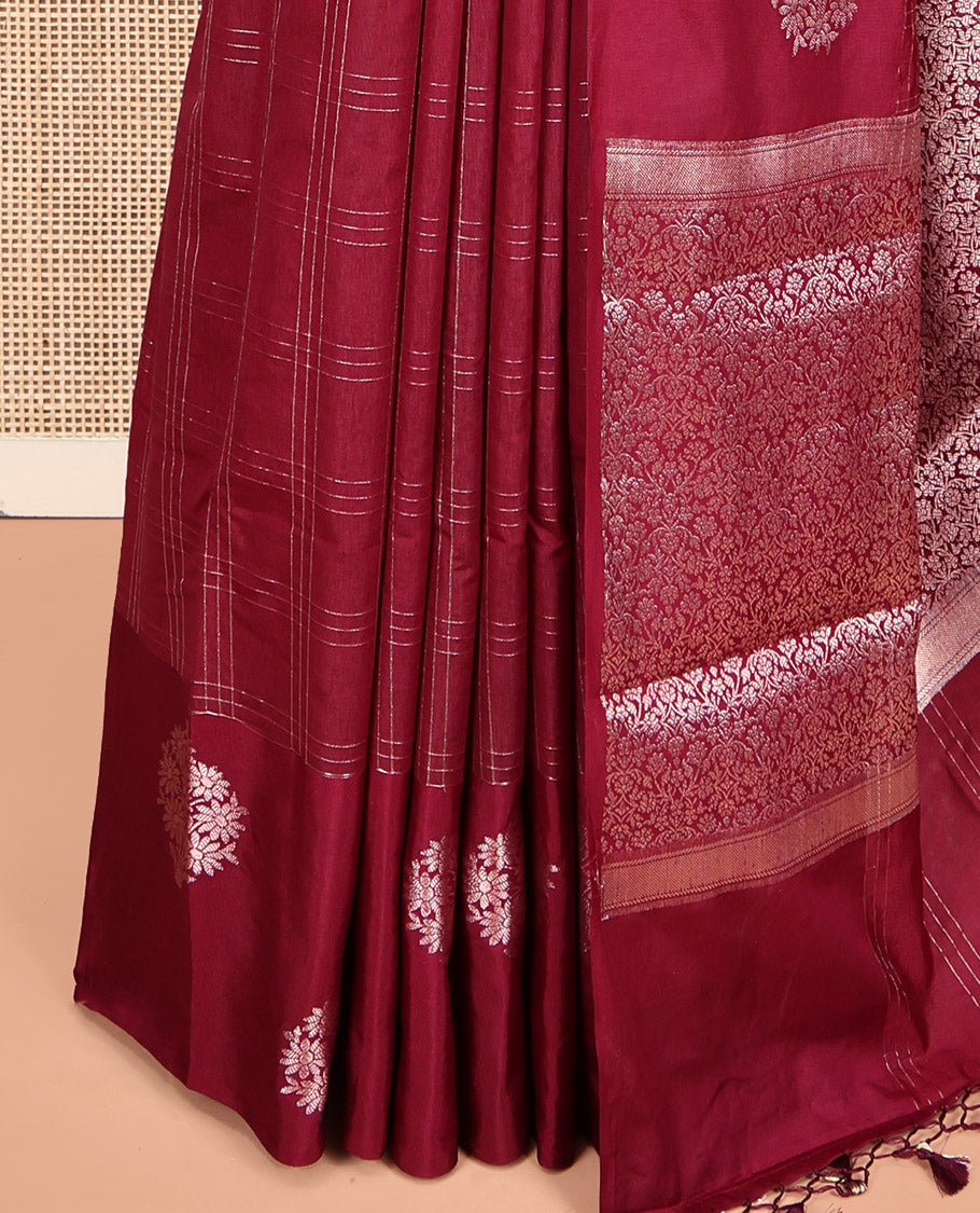 Maroon Assam Silk Saree, Finely Crafted with Zari Checks, a Floral-Motif Zari Border, a Pallu of Intricate Zari Designs, and a Jacquard Blouse