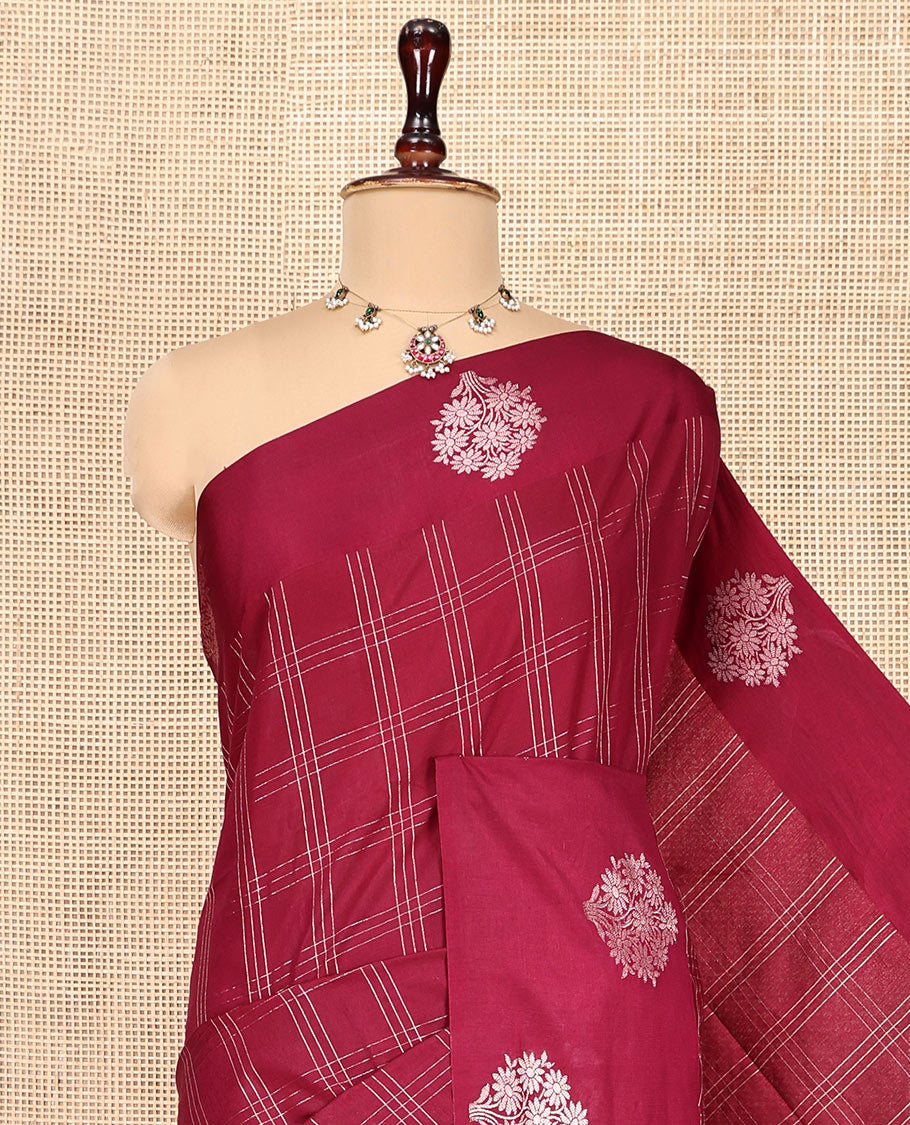 Maroon Assam Silk Saree, Finely Crafted with Zari Checks, a Floral-Motif Zari Border, a Pallu of Intricate Zari Designs, and a Jacquard Blouse