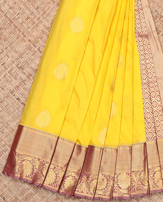 Yellow Budget Silk Saree, Subtly Sparkled with Zari Buttas, Contrast Floral Creeper Zari Border, Ogee-Patterned Pallu, and a Contrast Blouse