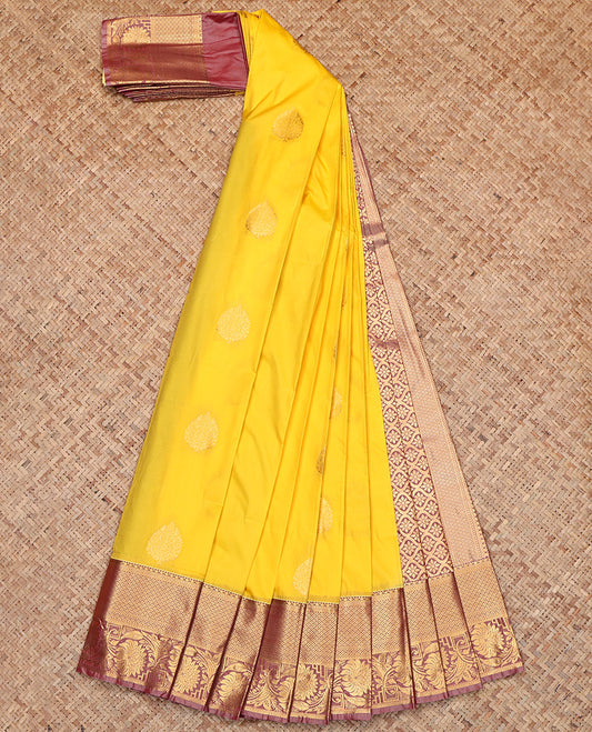 Yellow Budget Silk Saree, Subtly Sparkled with Zari Buttas, Contrast Floral Creeper Zari Border, Ogee-Patterned Pallu, and a Contrast Blouse