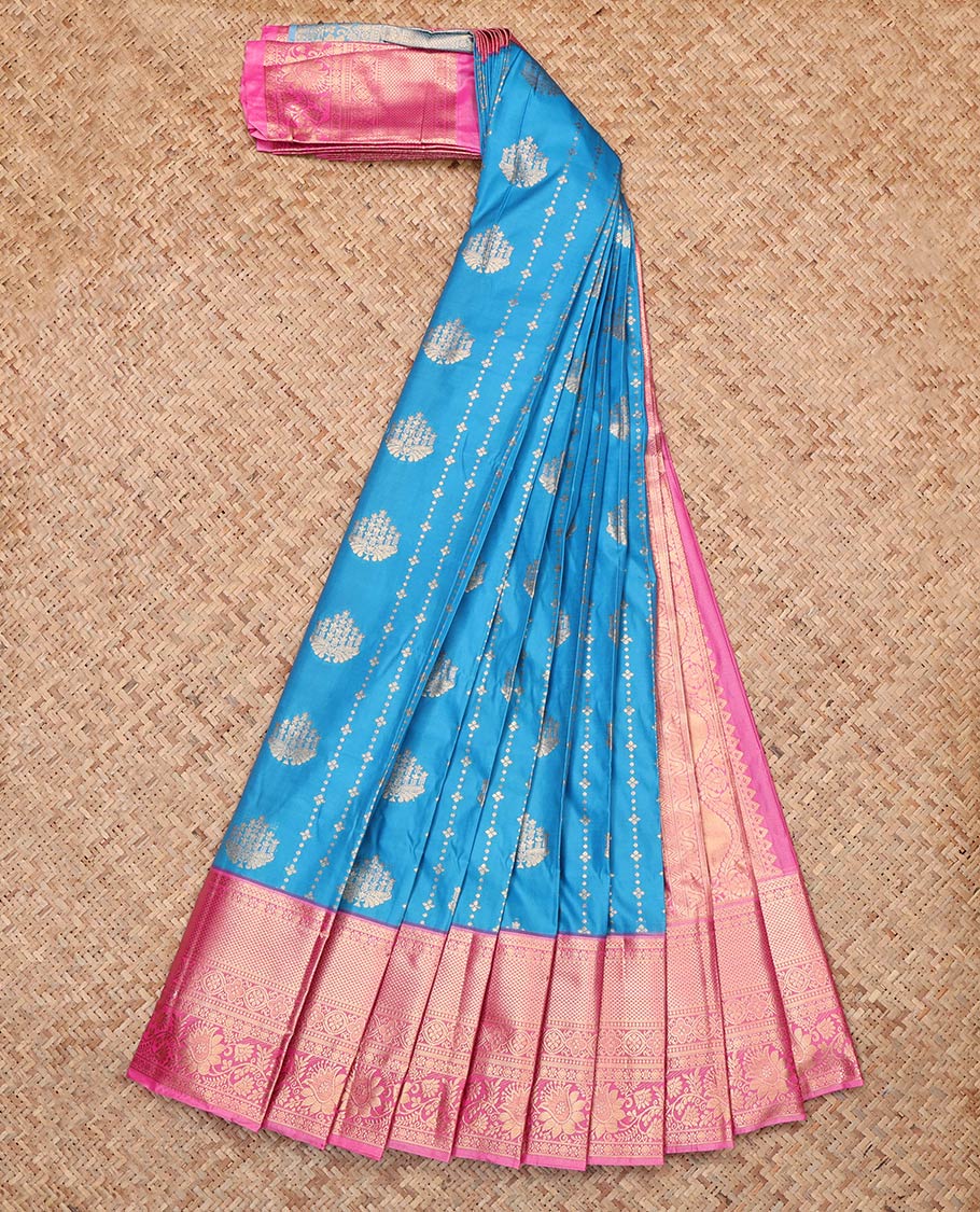 Blue Budget Silk Saree Features Zari Buttas and Stripes, Complemented by Contrast Traditional Zari Border, Grand Pallu and a Contrast Blouse