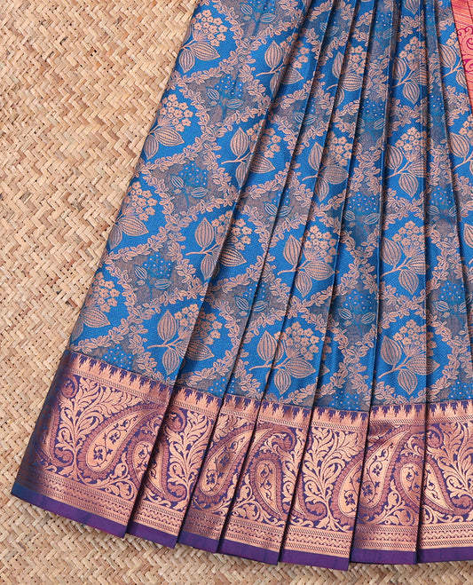 Blue Budget Silk Saree, Adorned with Jacquard Weave, Complemented by Contrast Paisley Border, Grand Paisleys Woven Pallu and Contrast Blouse