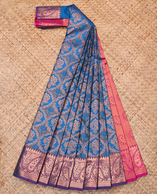 Blue Budget Silk Saree, Adorned with Jacquard Weave, Complemented by Contrast Paisley Border, Grand Paisleys Woven Pallu and Contrast Blouse