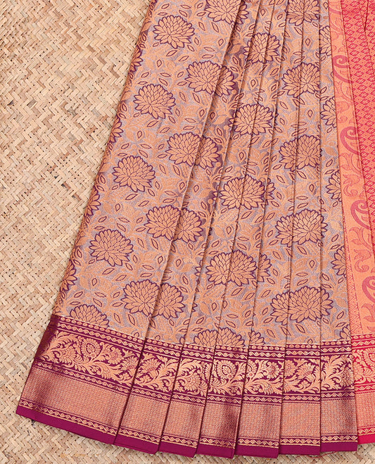 Grey Budget Silk Saree, Elevated with Floral Jacquard, Complemented by Contrast Floral Creeper Border, Grand Pallu and a Contrast Blouse