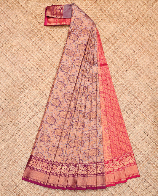 Grey Budget Silk Saree, Elevated with Floral Jacquard, Complemented by Contrast Floral Creeper Border, Grand Pallu and a Contrast Blouse