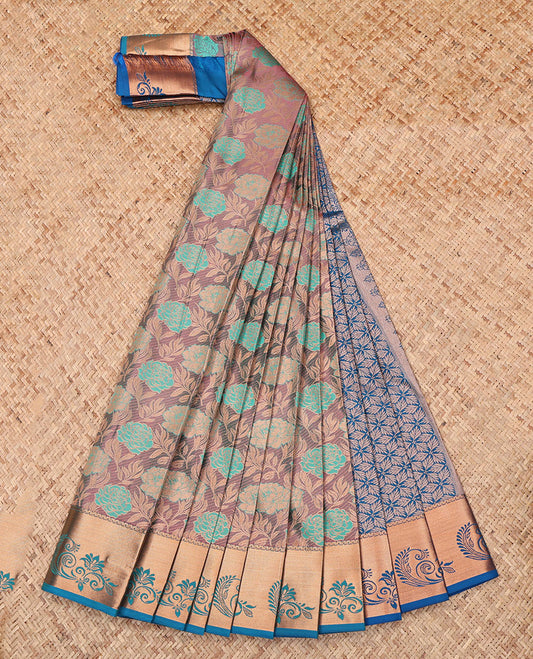 Grey Budget Silk Saree, Adorned with a Jacquard Design, Complemented by a Contrast Zari Border, Intricate Pallu, and Contrast Blouse