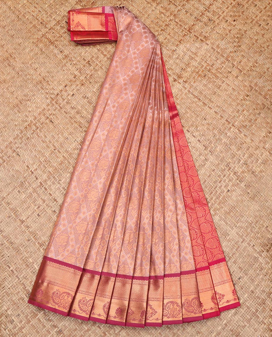 Peach Budget Silk Saree, Accentuated with Jacquard, Complemented by a Contrast Paisley Zari Border, Grand Pallu, and a Contrast Blouse