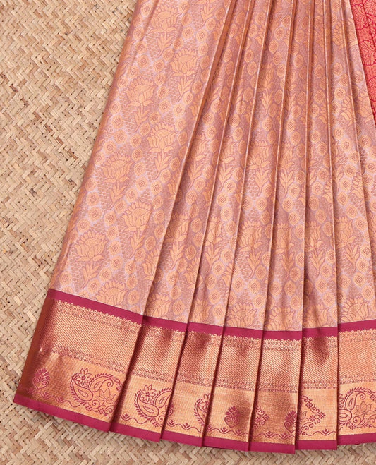 Peach Budget Silk Saree, Accentuated with Jacquard, Complemented by a Contrast Paisley Zari Border, Grand Pallu, and a Contrast Blouse