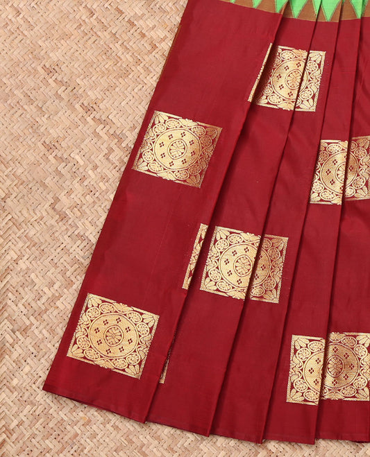 Borderless Red and Green Budget Silk Saree Features Embossed and Zari Buttas, Complemented by a Intricate Pallu, and Contrast Blouse