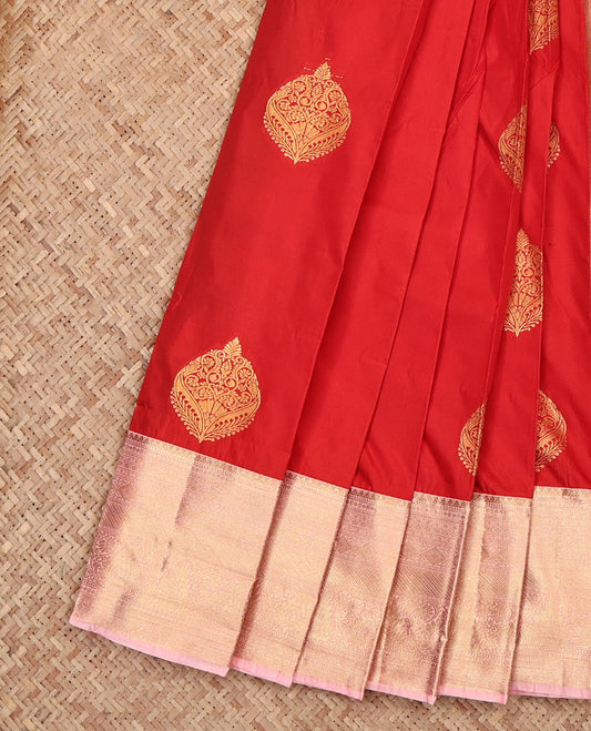 Orange Budget Silk Saree, Adorned with Zari Buttas, Complemented by a Contrast Traditional Zari Border, Grand Pallu, and a Contrast Blouse