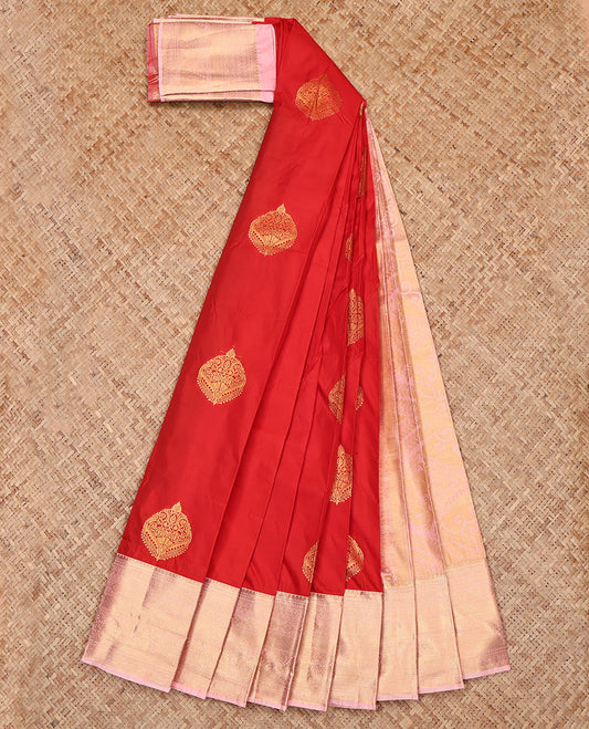 Orange Budget Silk Saree, Adorned with Zari Buttas, Complemented by a Contrast Traditional Zari Border, Grand Pallu, and a Contrast Blouse