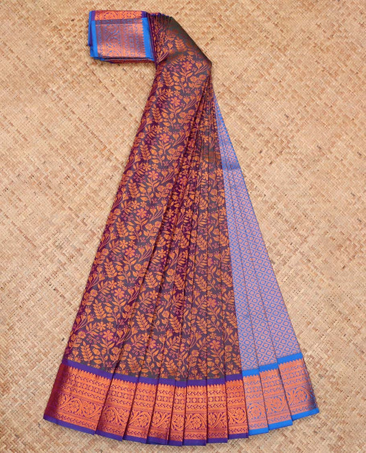 Purple Budget Silk Saree, Elevated with Floral Vine Design, Complemented by Contrast Traditional Floral Creeper Zari Border, a Jaal Pallu and a Contrast Blouse