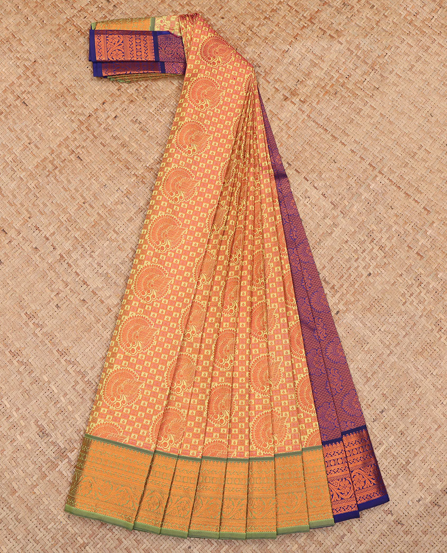 Light Orange Budget Silk Saree, Elevated with Jacquard Design, a Contrast Traditional Zari Border, Grand Pallu, and a Contrast Blouse