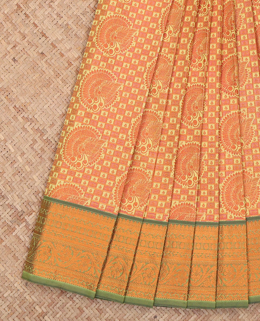 Light Orange Budget Silk Saree, Elevated with Jacquard Design, a Contrast Traditional Zari Border, Grand Pallu, and a Contrast Blouse