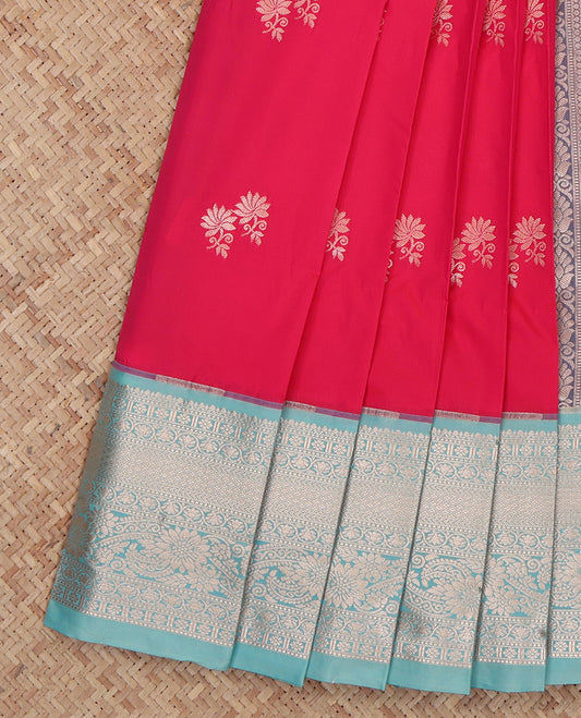Red Budget Silk Saree, Accentuated with Floral Buttas, Complemented by a Contrast Traditional Zari Border, Intricate Pallu, and a Contrast Blouse