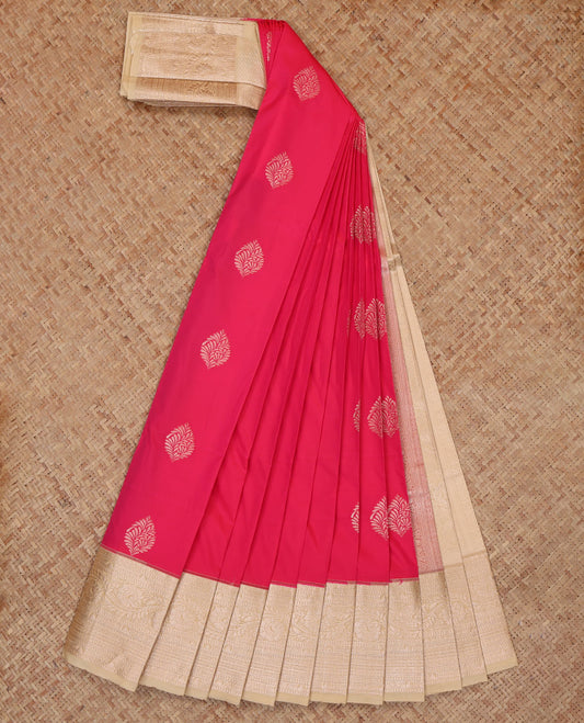Red Budget Silk Saree, Graced with Zari Buttas and Stripes, a Contrast Zari Border, Grand Pallu, and a Contrast Blouse