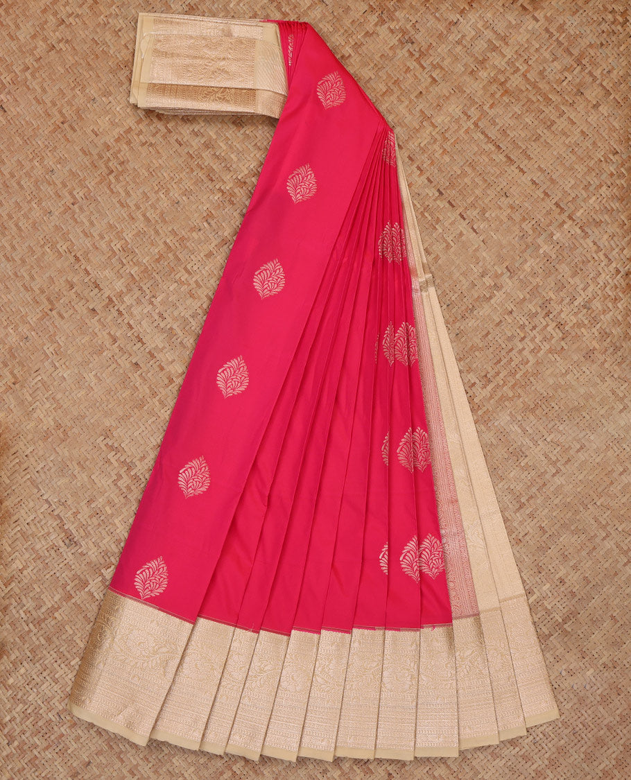 Red Budget Silk Saree, Graced with Zari Buttas and Stripes, a Contrast Zari Border, Grand Pallu, and a Contrast Blouse