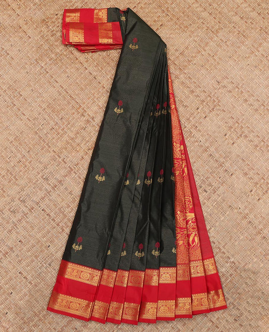 Black Budget Silk Saree, Elevated with Floral Buttas and Stripes, a Contrast Rettai Pettu Zari Border, a Grand Pallu, and a Contrast Blouse