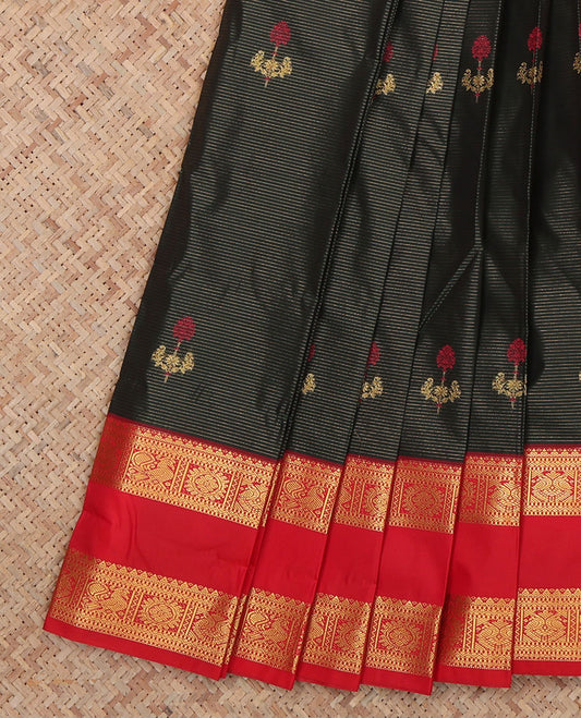 Black Budget Silk Saree, Elevated with Floral Buttas and Stripes, a Contrast Rettai Pettu Zari Border, a Grand Pallu, and a Contrast Blouse