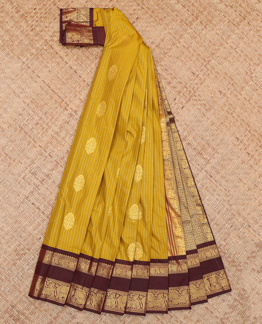 Mustard Budget Silk Saree, Elevated with Zari Buttas and Checks, Complemented by Contrast Traditional Rettai Pettu Border, a Jaal Pallu and a Contrast Blouse