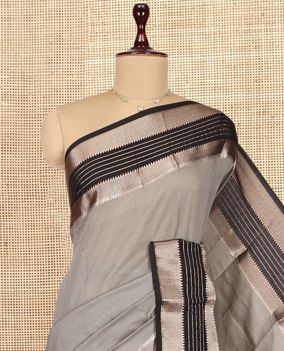 Grey Plain Assam Silk Saree, Complemented by Contrast Zari Traditional Border,  Zari Striped Pallu, and Contrast Blouse