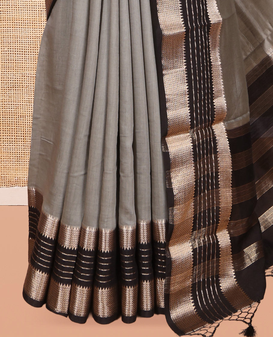 Grey Plain Assam Silk Saree, Complemented by Contrast Zari Traditional Border,  Zari Striped Pallu, and Contrast Blouse