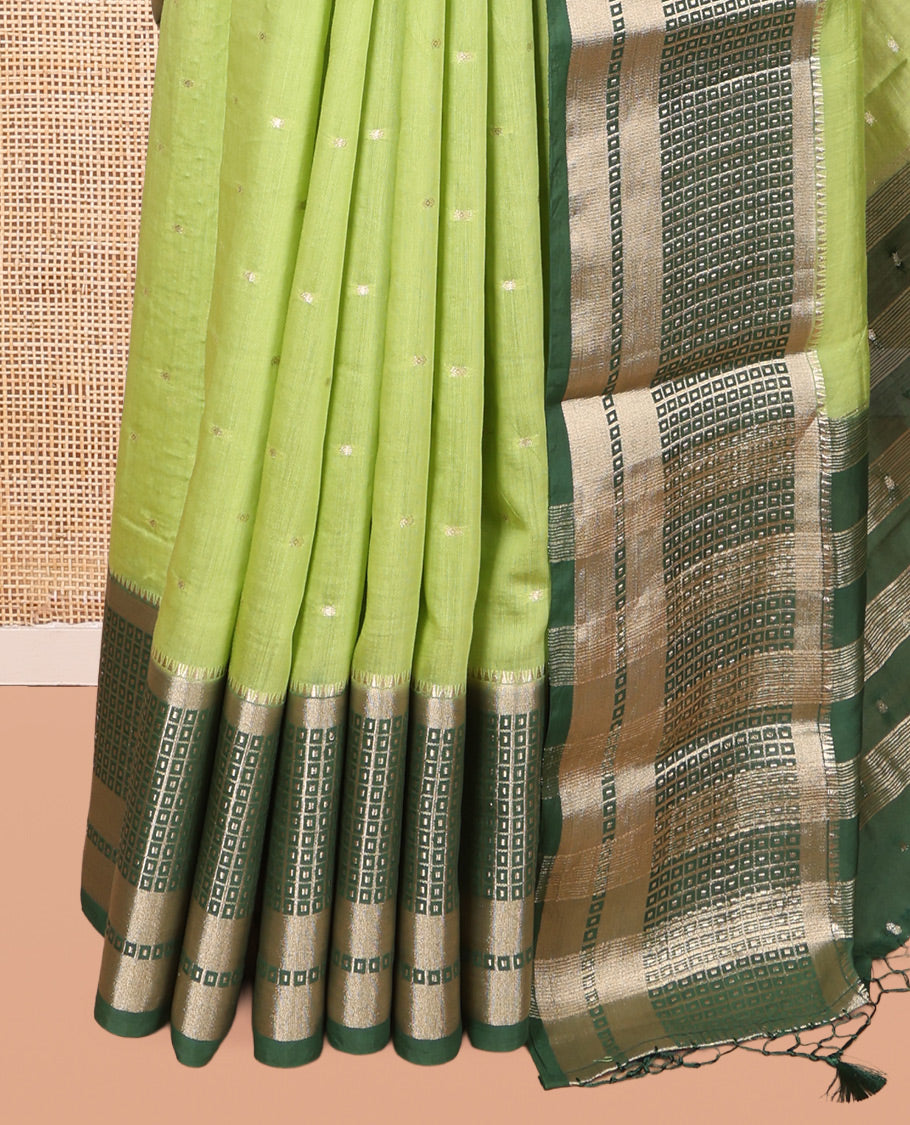 Green Assam Silk Saree, Graced with Zari Buttas, Complemented by Contrast Traditional Zari Border,  Zari Woven Pallu, and Contrast Blouse