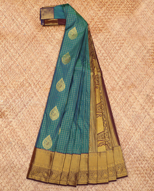 Peacock Blue Budget Silk Saree, Elevated with Zari Buttas and Checks, Complemented by a Contrast Traditional Zari Border, Grand Pallu, and Contrast Blouse