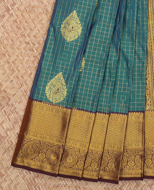 Peacock Blue Budget Silk Saree, Elevated with Zari Buttas and Checks, Complemented by a Contrast Traditional Zari Border, Grand Pallu, and Contrast Blouse