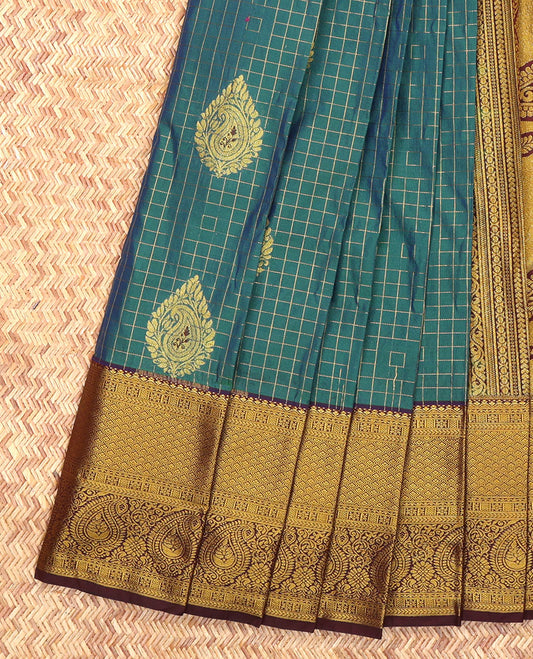 Peacock Blue Budget Silk Saree, Elevated with Zari Buttas and Checks, Complemented by a Contrast Traditional Zari Border, Grand Pallu, and Contrast Blouse