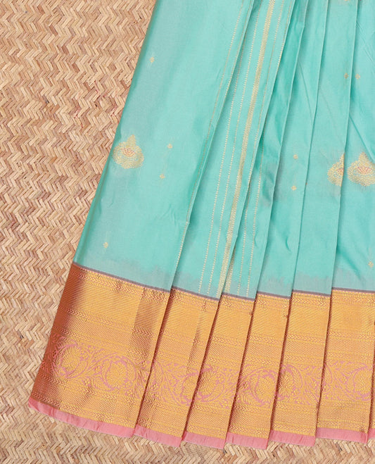 Blue Budget Silk Saree, Accentuated with Zari Buttas and Stripes, a Contrast Traditional Zari Border, Grand Pallu, and a Contrast Blouse