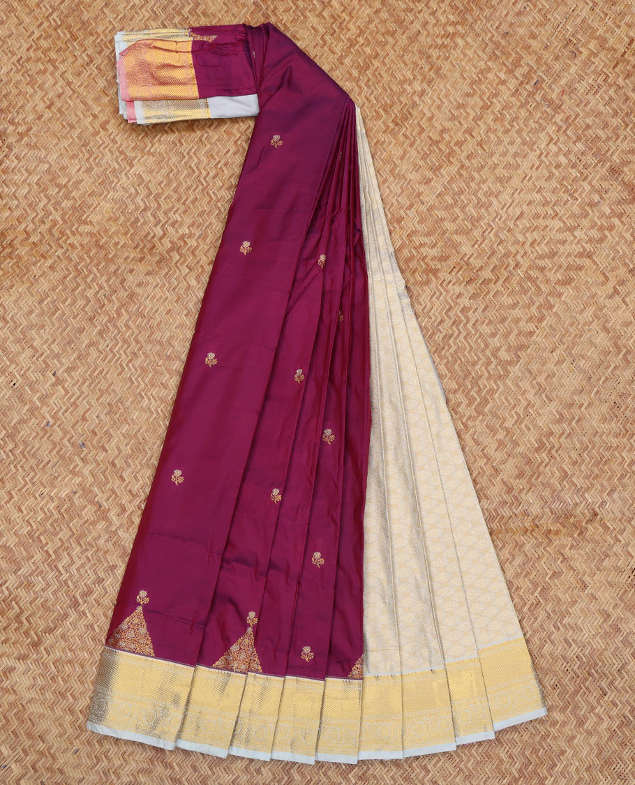 Wine Budget Silk Saree, Accentuated with Zari Buttas, a Contrast Traditional Zari Border, Grand Pallu, and a Contrast Blouse