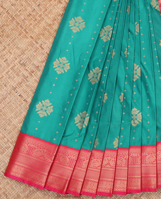 Blue Budget Silk Saree, Accentuated with Zari Buttas, a Contrast Traditional Zari Border, Grand Pallu, and a Contrast Blouse