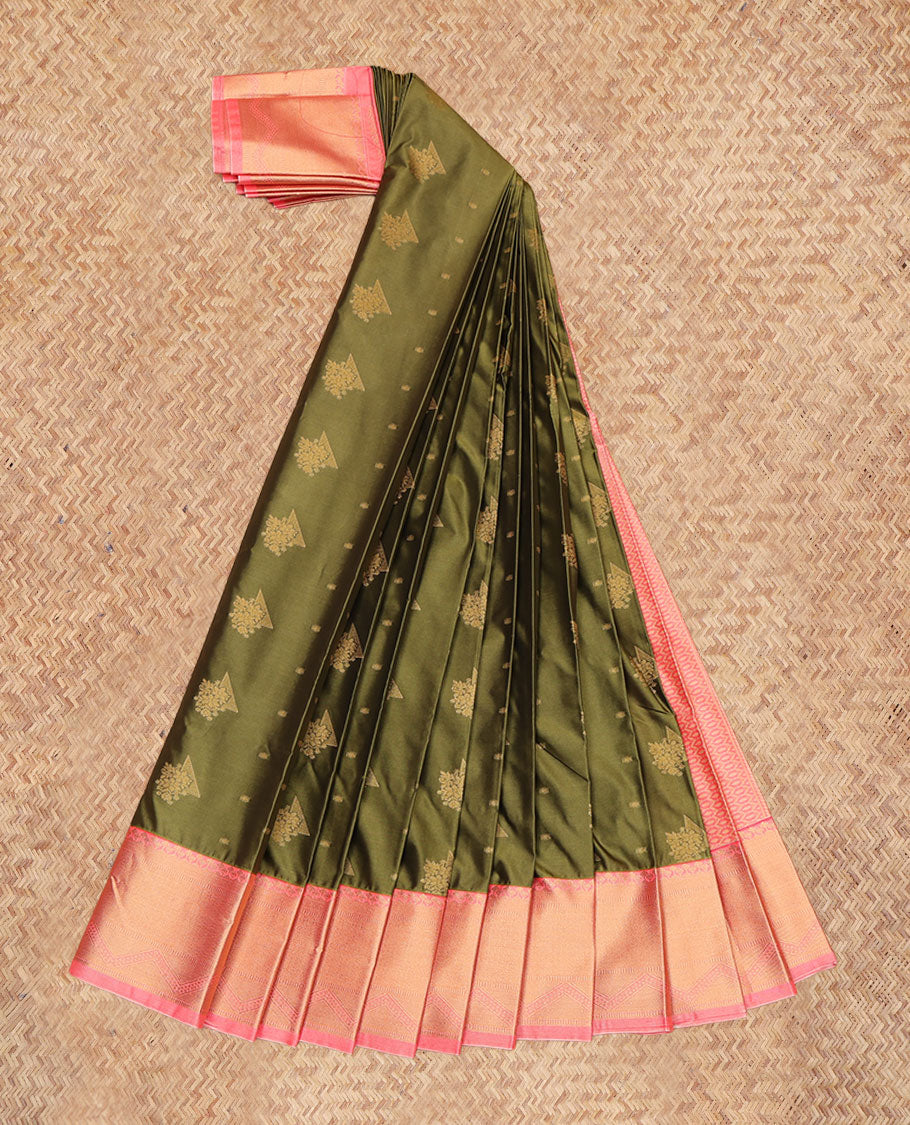 Green Budget Silk Saree, Elevated with Zari Buttas, a Contrast Traditional Zari Border, Grand Pallu, and a Contrast Blouse