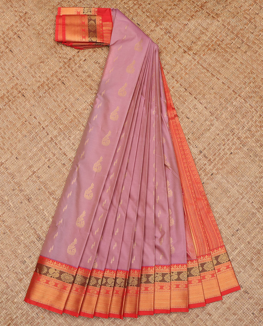 Rosewood Pink Budget Silk Saree, Sparsely Woven with Zari Buttas, a Contrast Traditional Zari Border, Intricate Pallu, and a Contrast Blouse