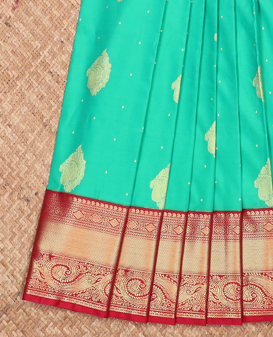 Turquoise zari design gift saree, contrast traditional zari design border, and intricately designed pallu