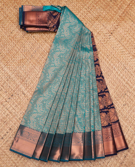Blue jacquard gift saree, contrast traditional zari design border, and intricate pallu